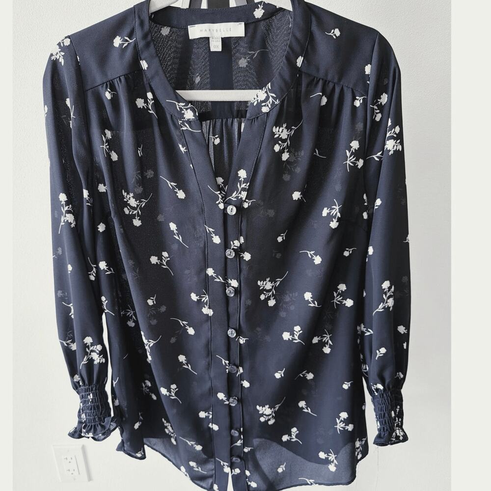 Black Floral Button-Up Blouse Size 0X Marybelle Sheer Black White Floral